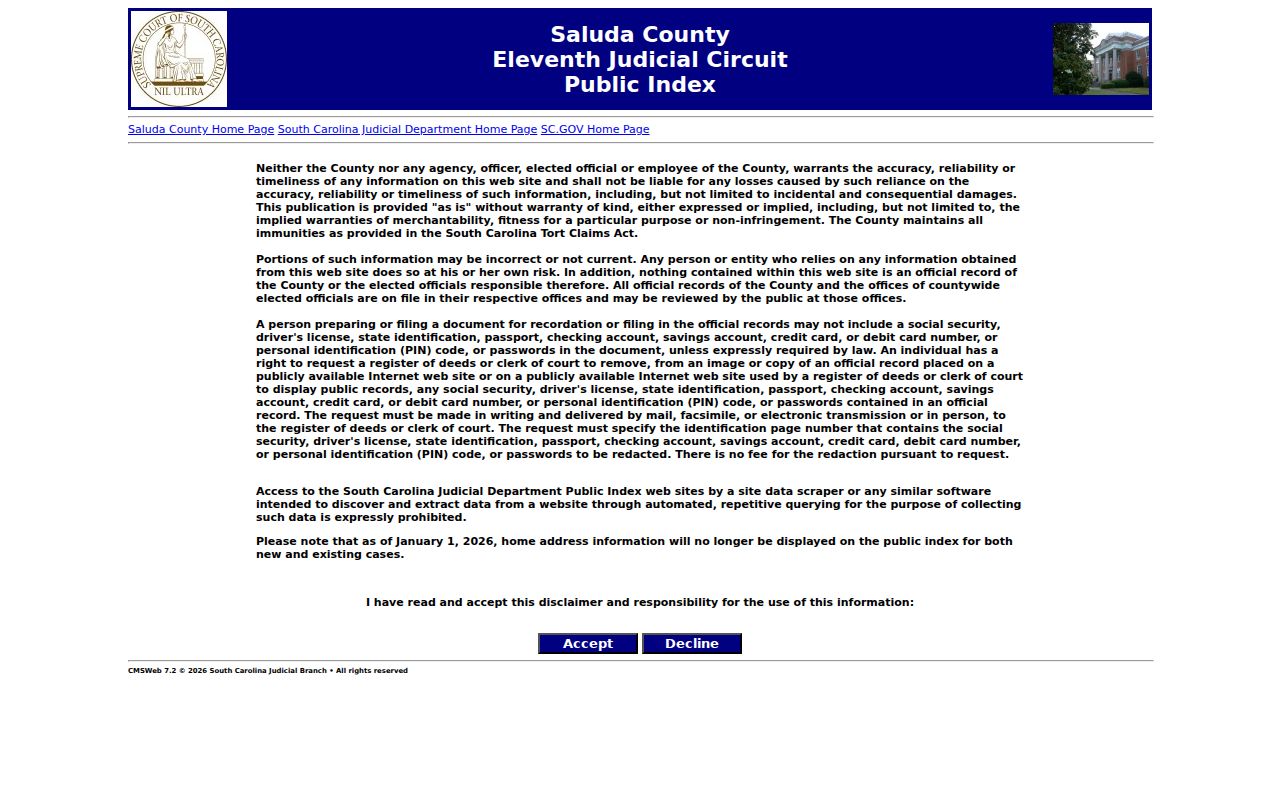 Saluda County warrant case lookup landing page in the South Carolina Public Index
