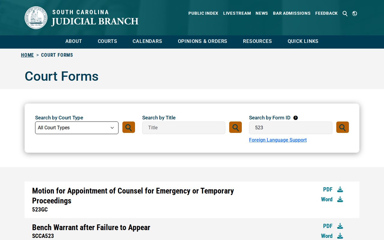 Saluda County bench warrant after failure to appear form from South Carolina courts
