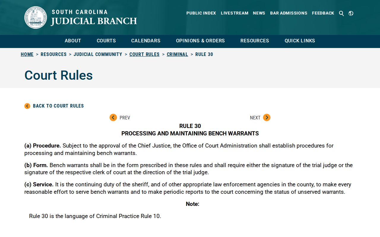 Saluda County bench warrant process under South Carolina Rule 30