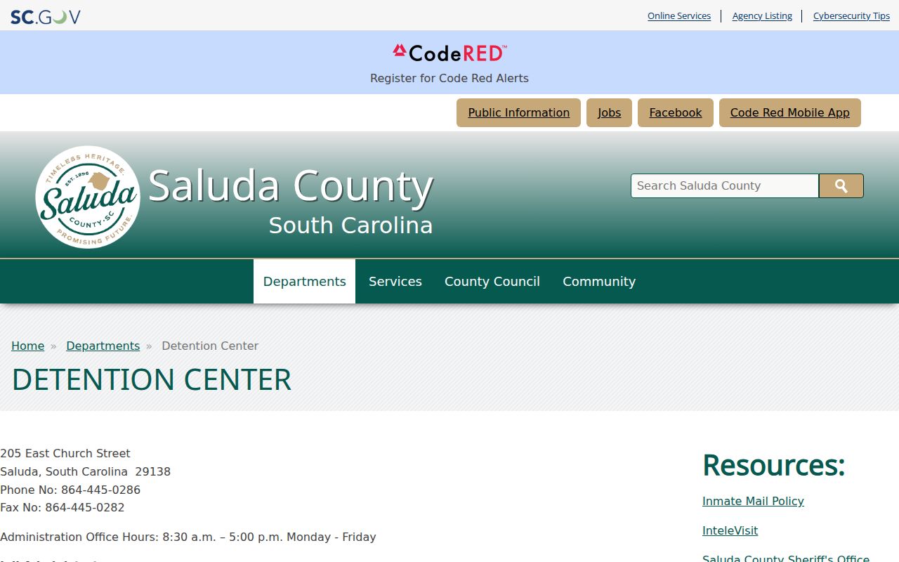 Saluda County warrant custody contact at the Detention Center
